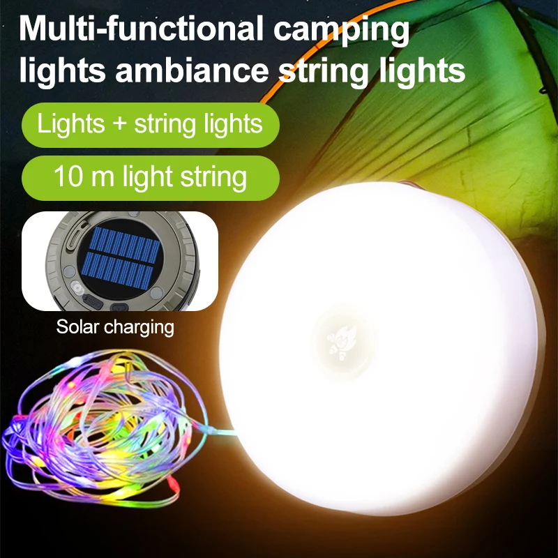 Solar 8 mode LED camping light belt, 10M length back magnetic hook outdoor waterproof tent decorative light string