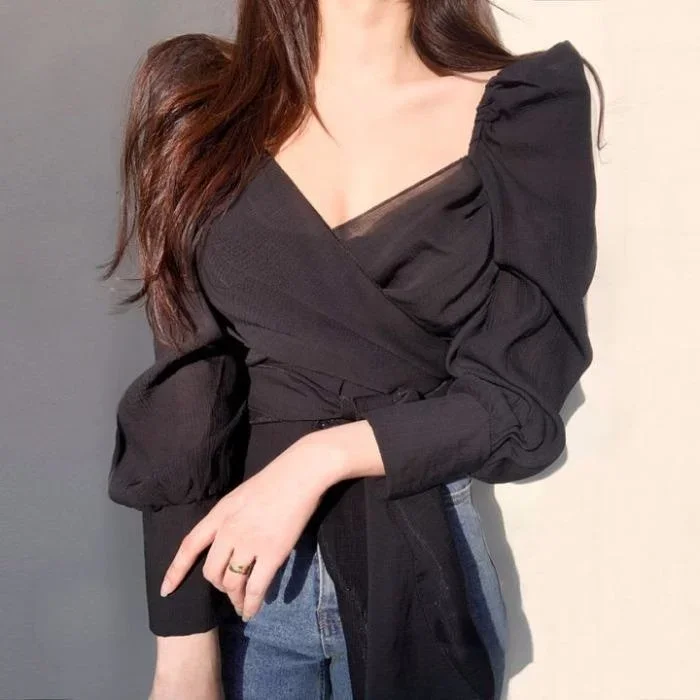 2023 Design Long Sleeve Shirt Women\'s V-neck Pleated Waist Top Blusas Clothes for Women Tops Shirts Blouses