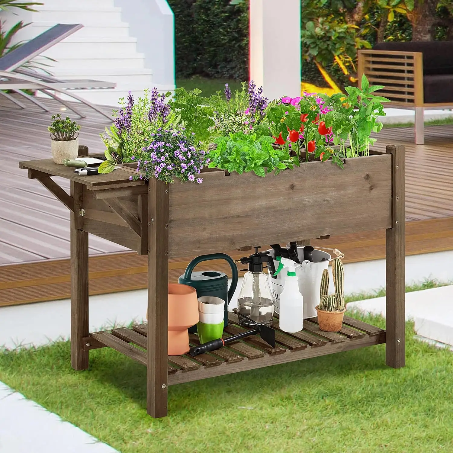 49x22x32in 8 Pockets Horticulture Raised Garden Bed Elevated Wood Planter Box Stand with Foldable Side Table and Storage Shelf for Herb/Vegetables/Flowers