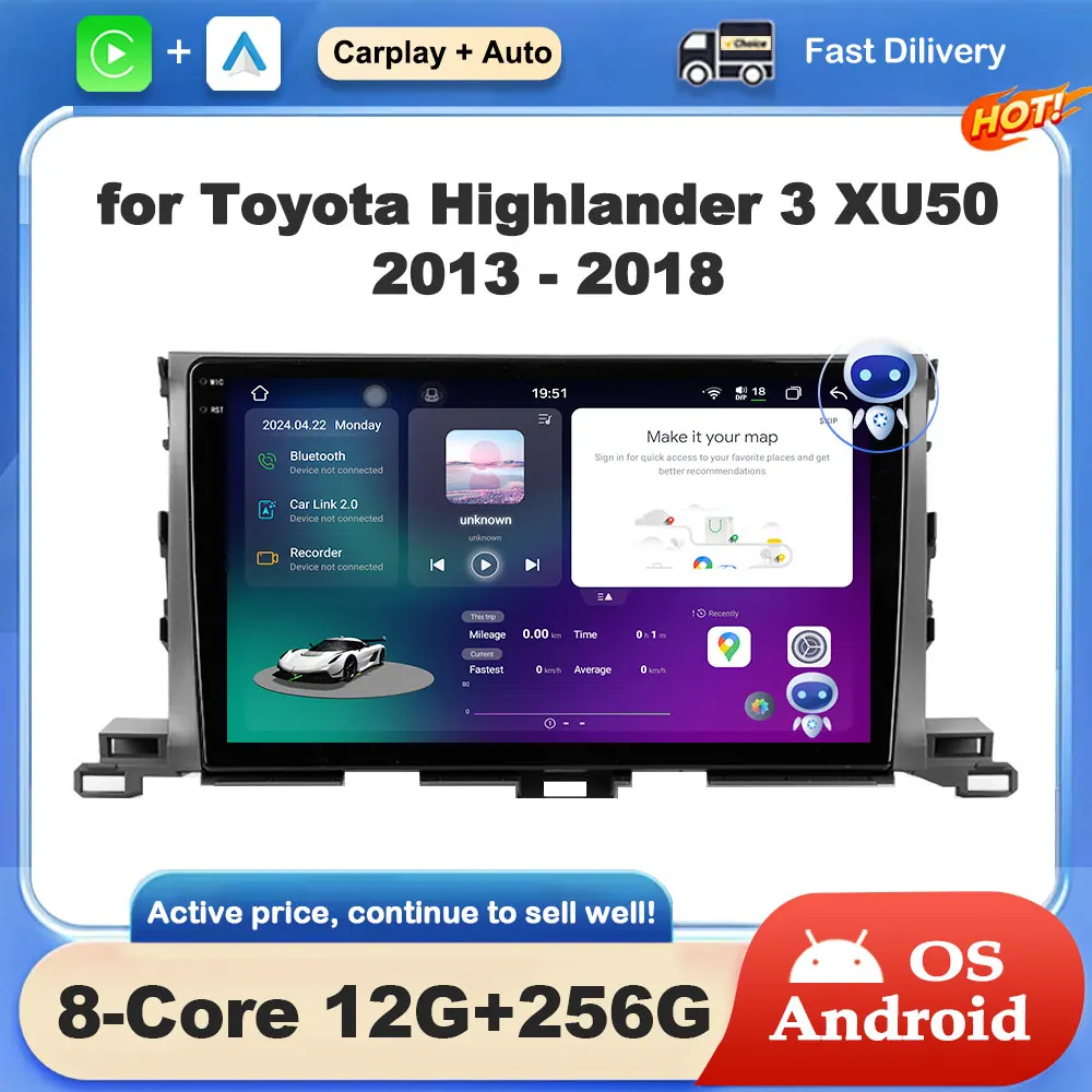 

10 '' Car Radio Video Multimedia Player Android OS for Toyota Highlander 3 XU50 2013 - 2018 GPS Navigation DSP Stereo Head Unit