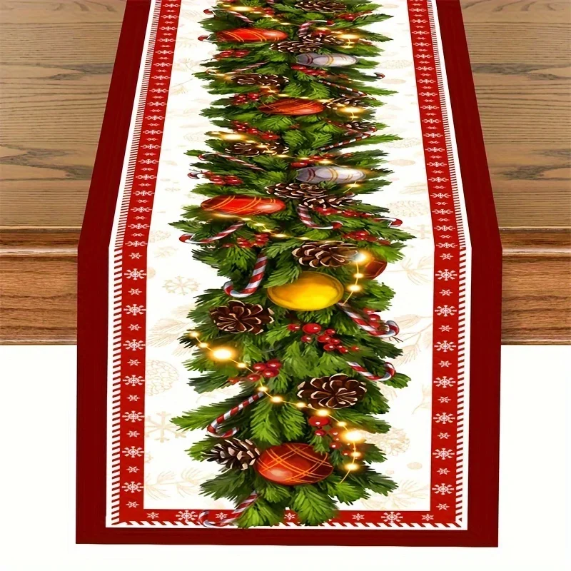 1Pc Christmas Style Table Runner Red And White Pine Cone Garland Print Table Cover For Dining Room Kitchen Holiday Party Decorat