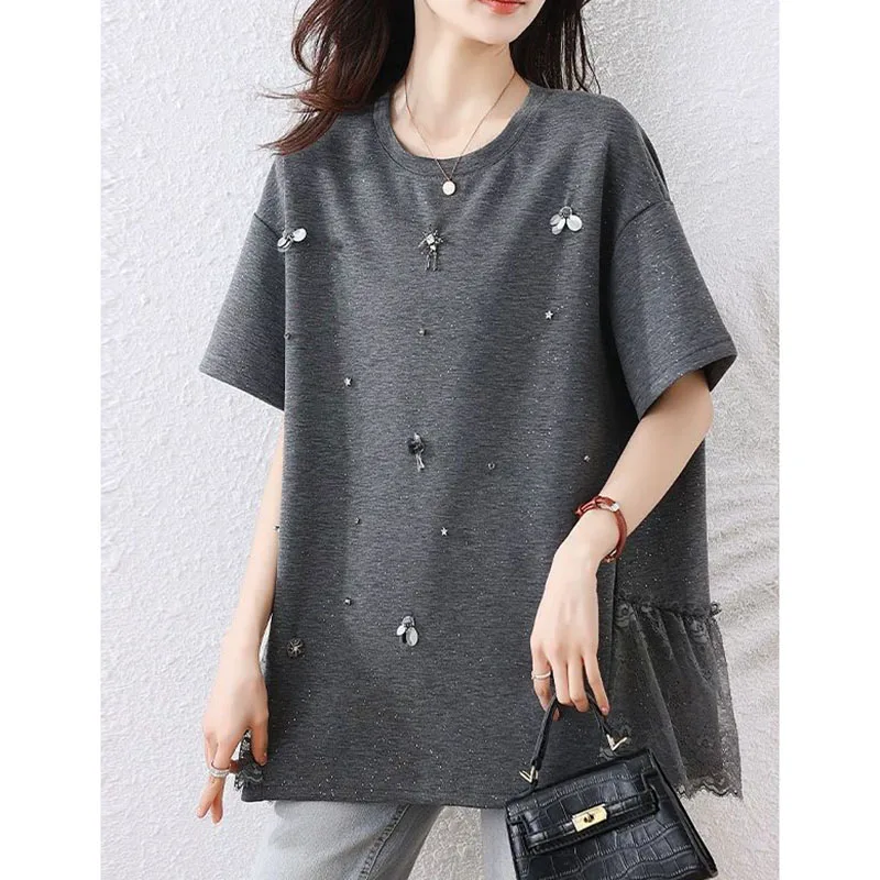 

Fashion O-Neck Spliced Lace Beading Blouses Women's Clothing 2025 Summer New Loose Short Sleeve All-match Tops Casual Shirts