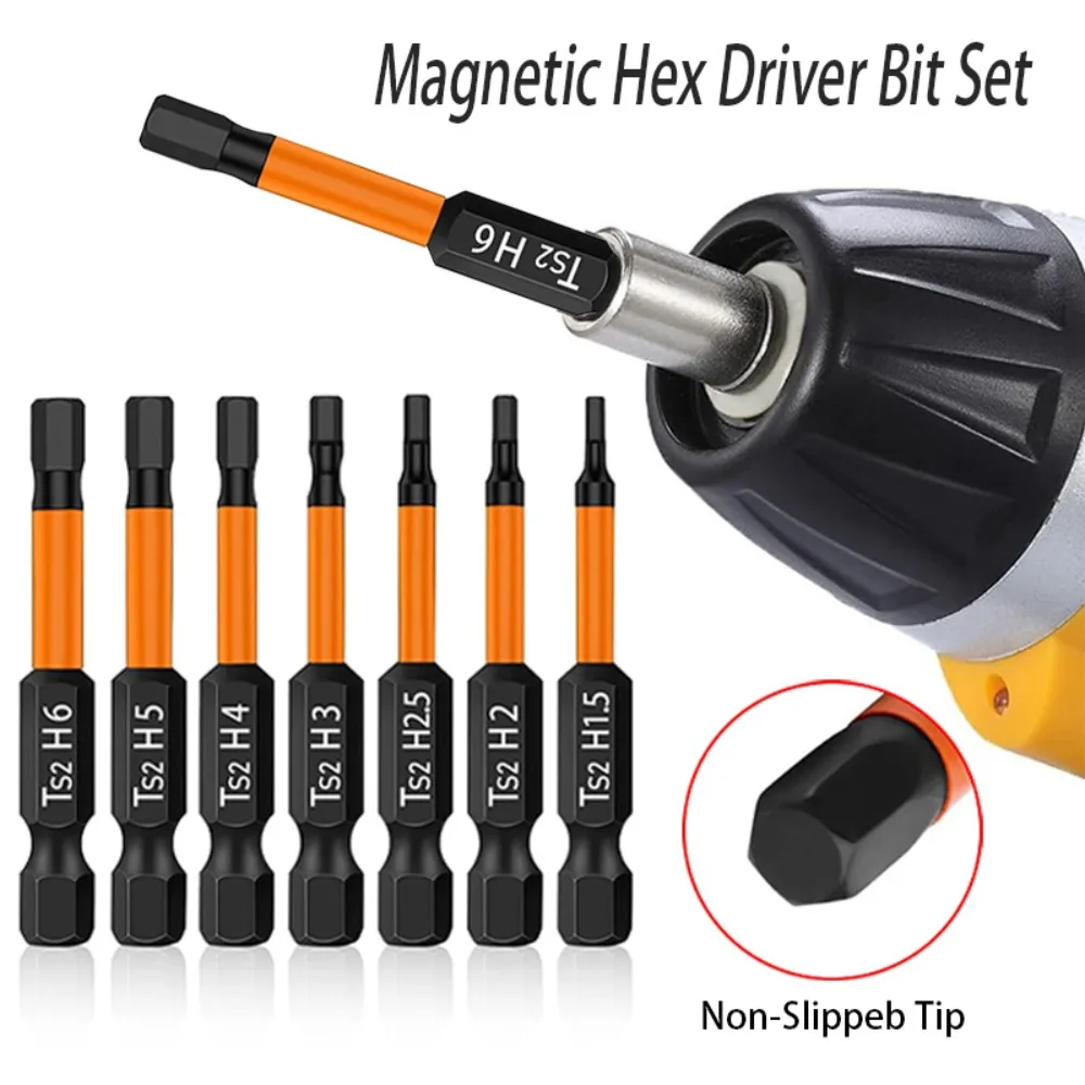 7-Piece Magnetic Hex Wrench and Drill Bit Set, 2-Inch 1/4-Inch Hex Shank Screwdriver Bits, for Screw Removal and Installation.