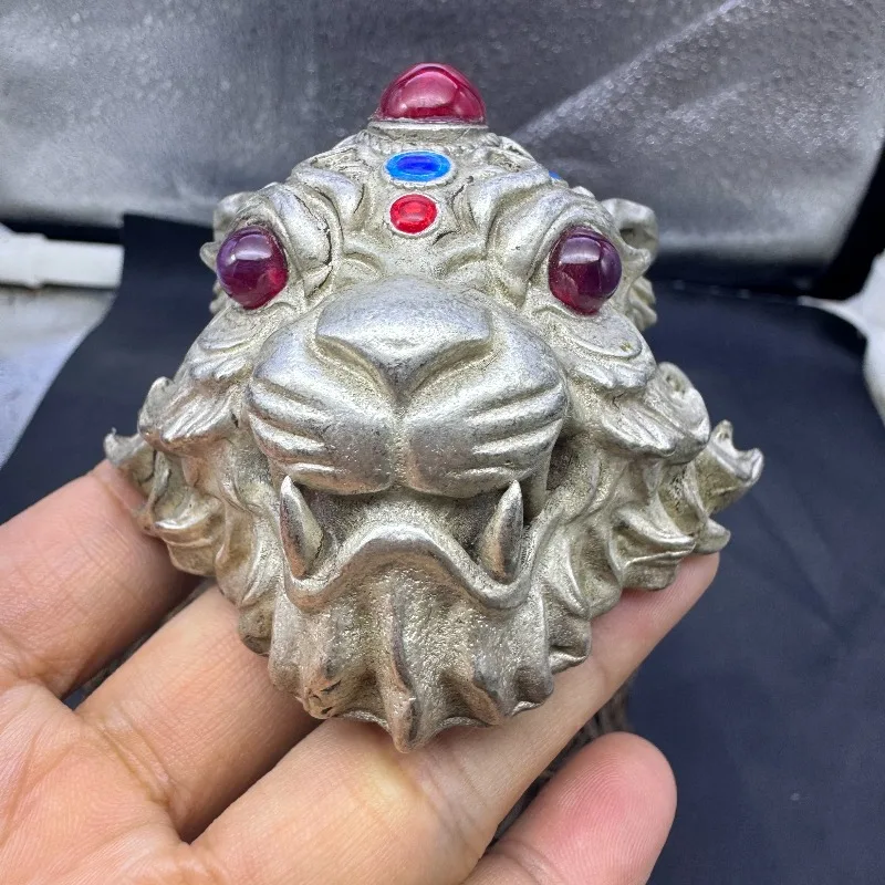 Sterling Silver 3D Zodiac Tiger Hand Play Ornament, Vintage Old Silver Exquisitely Inlaid Star Ruby Collectible Home Decor Gift