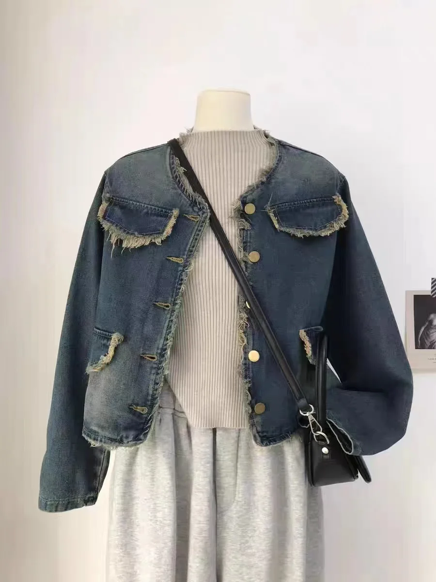 Vintage round collar rough-edged denim coat Long sleeves blue jacket