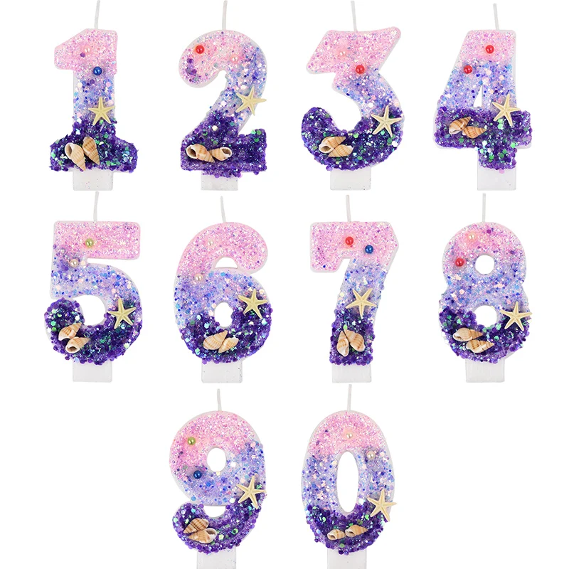 Mermaid Theme Party Decor Candle Girls Birthday Gradient Colored Number Candle Cake Topper Wedding Baking Decoration Supplies