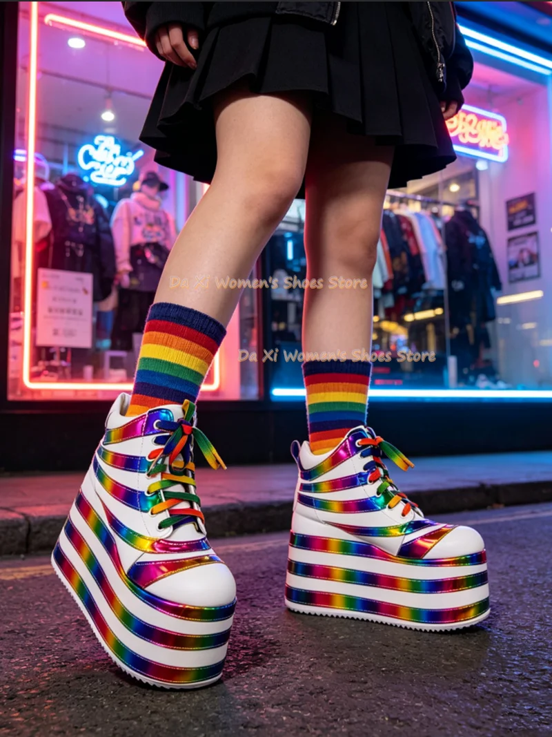 White Rainbow Holographic Platform Sneakers Super High Layered Chunky Sole High Top Lace‑Up Shoes Rave Festival Cosplay Party