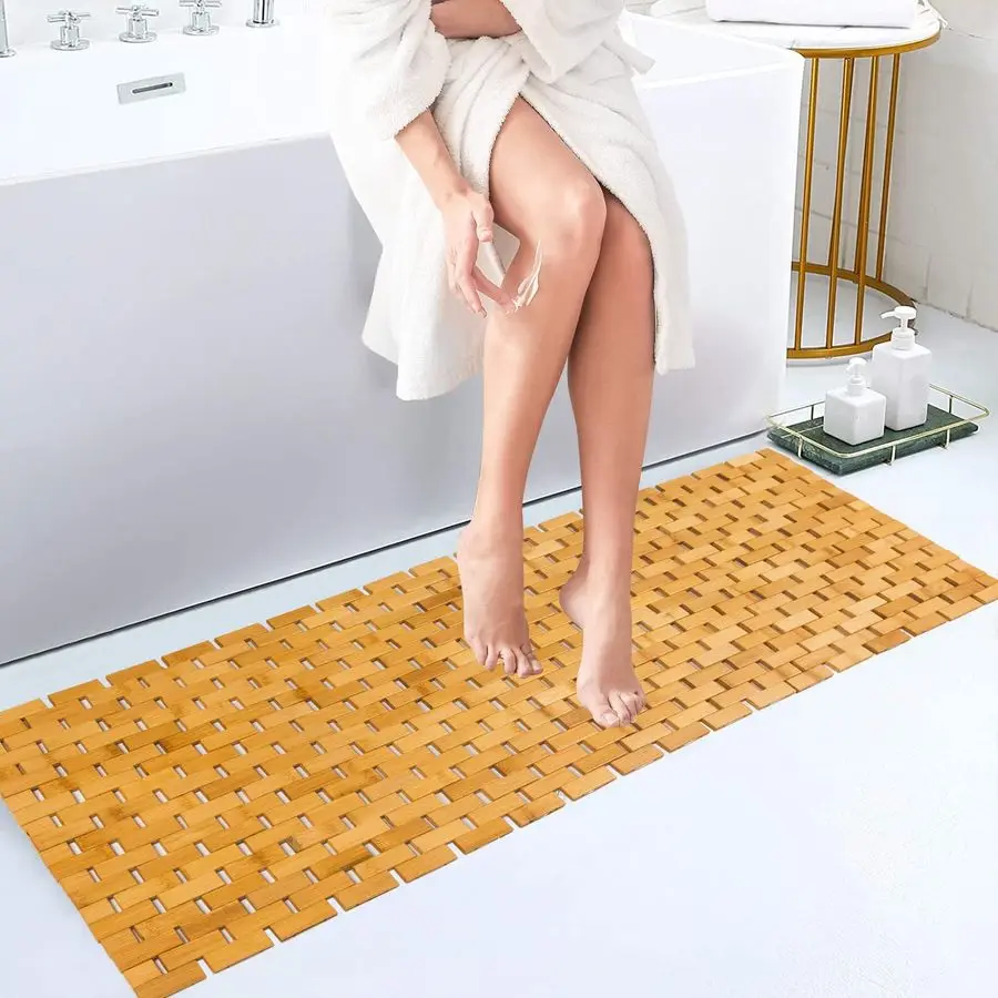 

Bath Mat Bathroom Runner Long Large Rugs Floor Wood Shower Bathtub Waterproof Non Slip Accessories 16x48 Inch Easy to Clean, Nat