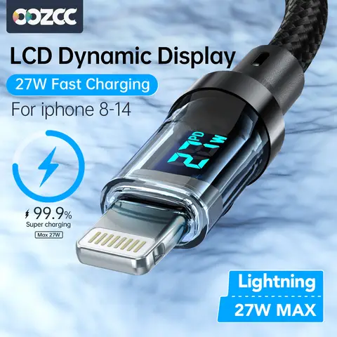OOZCC PD 27W MAX Fast Charge Cable LCD Display Transparent Shell Data Transfer, USB-A Type-C to Lightning Cord for iPhone 8-14 P