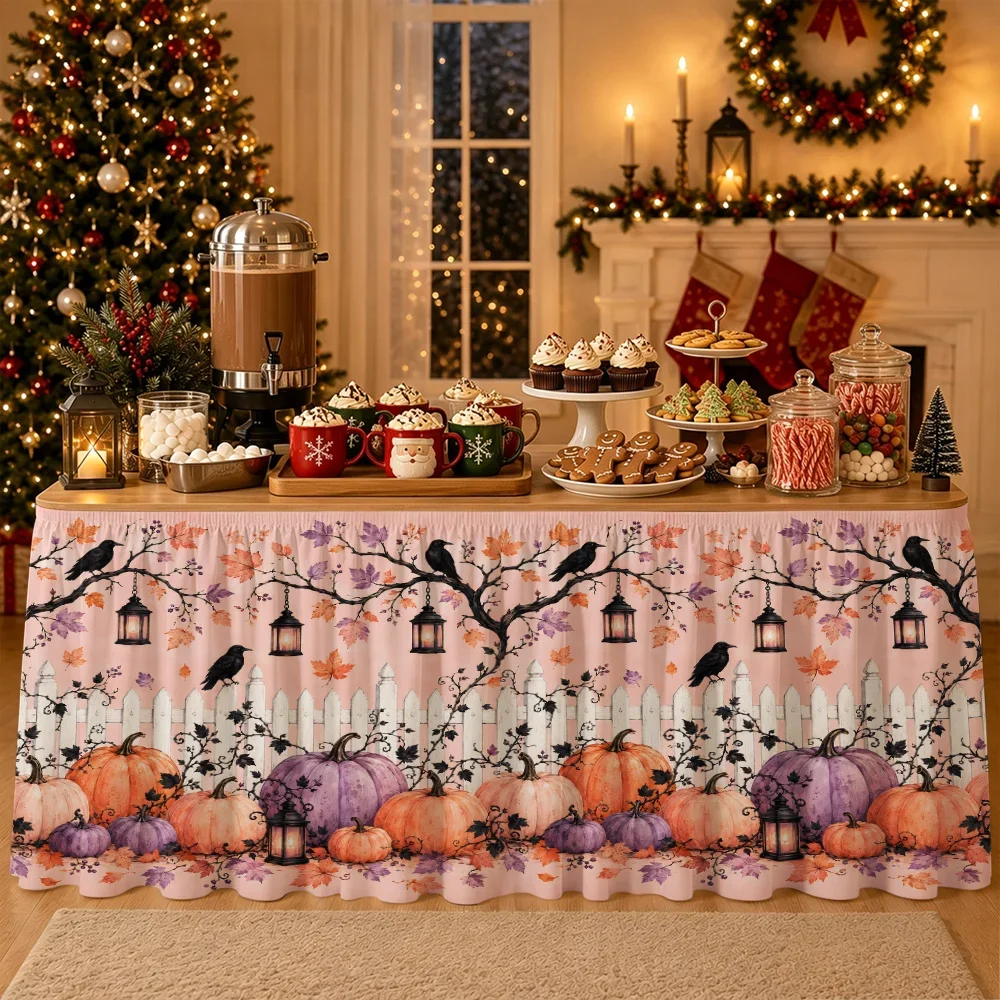 Halloween pumpkin field fence table skirt, party buffet table decoration, autumn Halloween home decoration