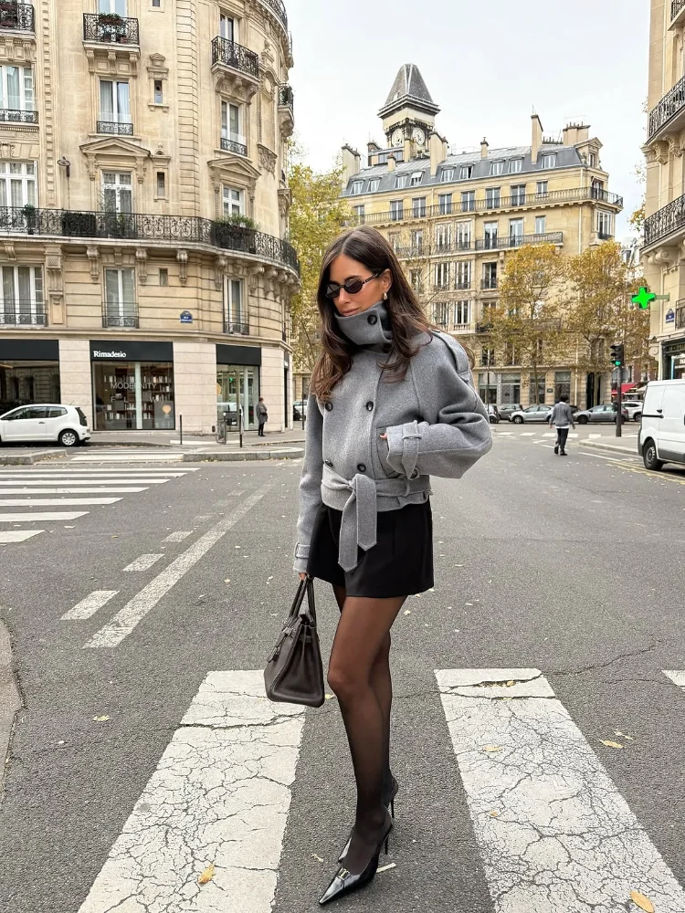 

Women Grey Turtleneck Woolen Coat Casual High Collar Double Breasted Pocket Lace Up Short Overcoat 2025 Lady Daily Street Coats