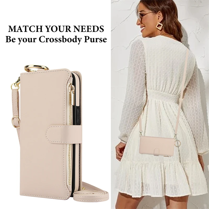 Multifunction Card Slots Holder Zipper Wallet Flip Phone Case for IPhone 15 14 13 12 11 Pro Max Plus XS XR X 15Pro Strap Cover