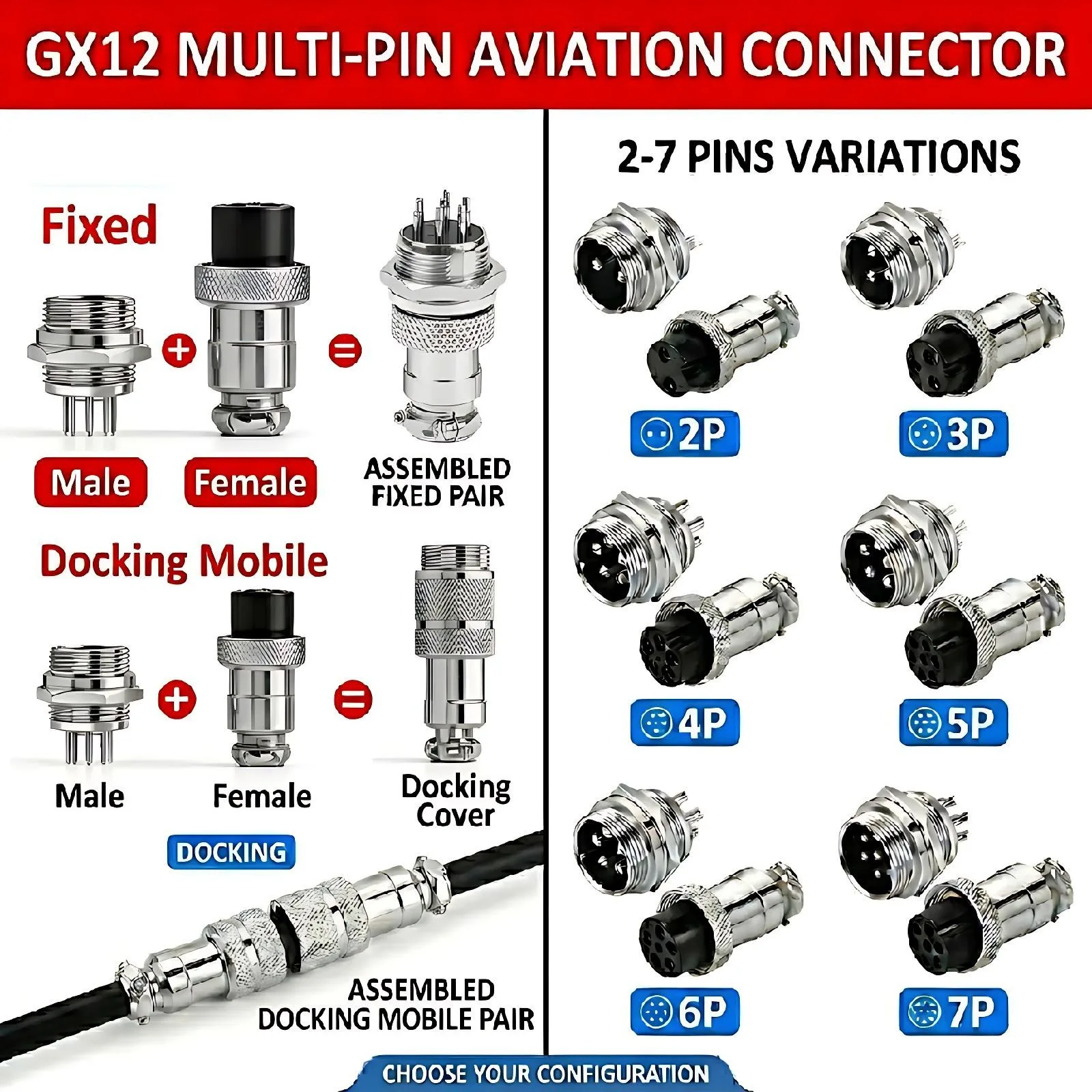 GX12 Aviation Connector 2/3/4/5/6/7 Pin Metal Male Female Plug Socket Fixed & Docking Mobile Wire Panel Circular Connector Set