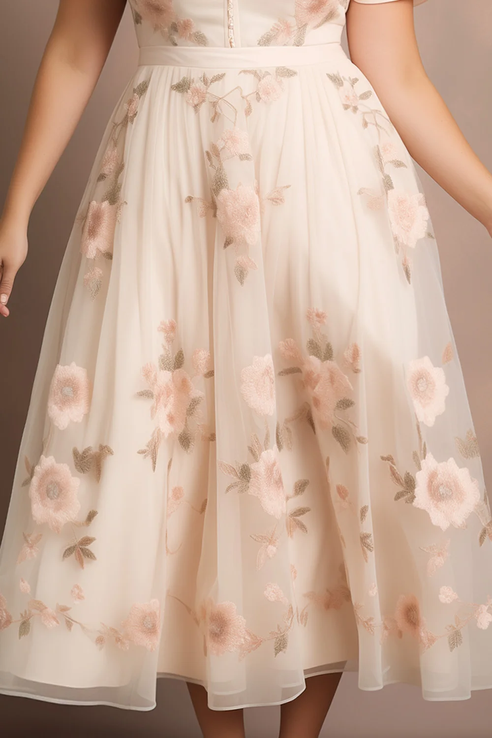 Flycurvy Plus Size Wedding Guest Beige Mesh Button Floral Print Midi Dress