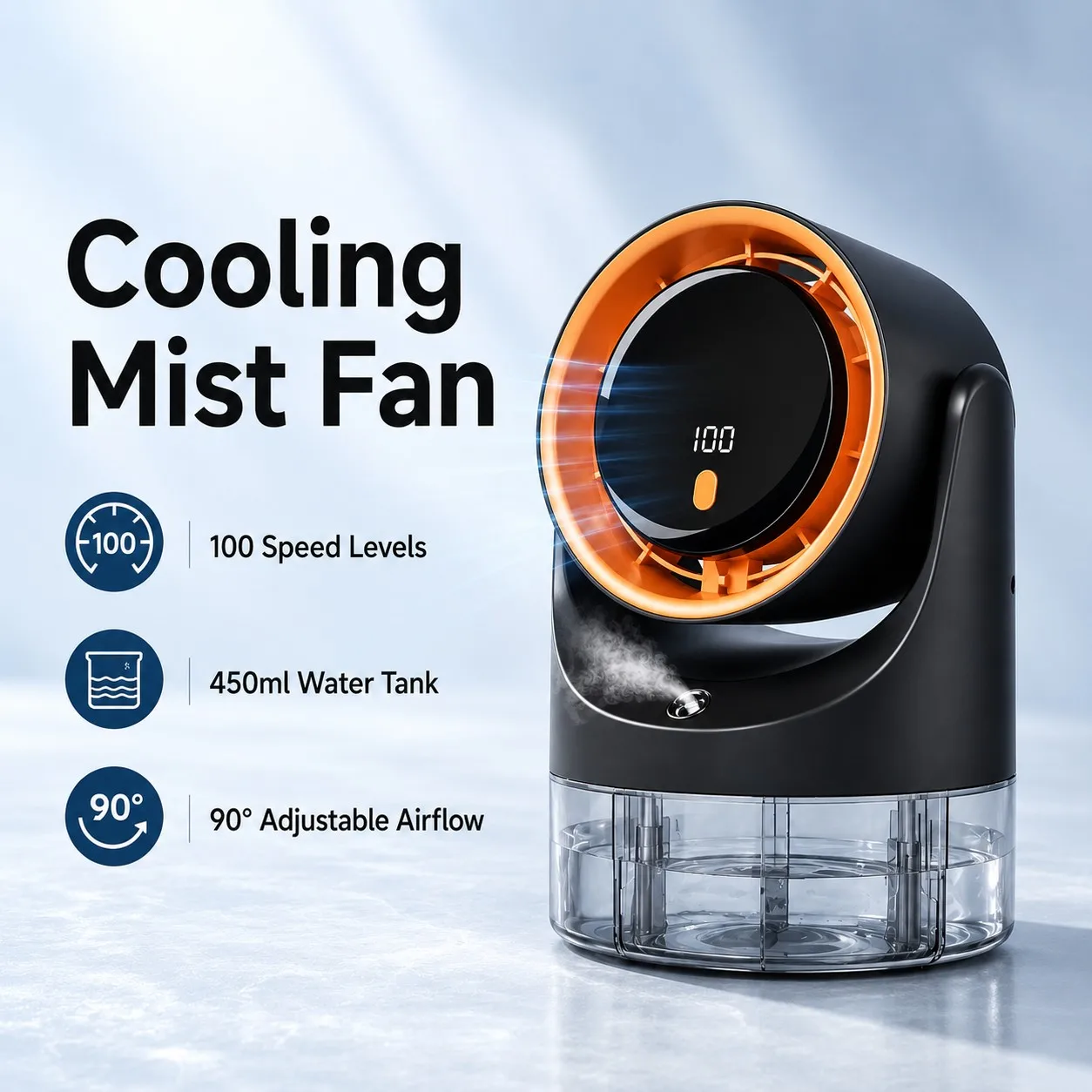 Portable Cooling Mist Fan, 450ml Water Tank, USB Powered, 100 Speed Levels, 90 Degree Adjustable for Home Camping