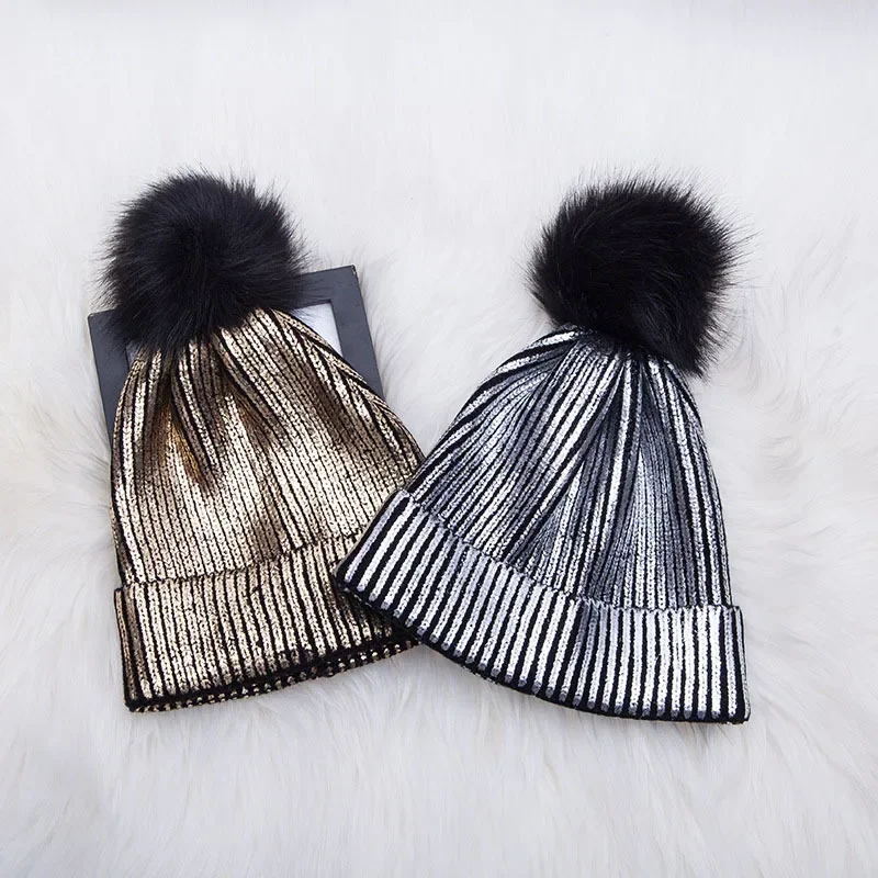 2024 Hot Gold Silver Beanies Woolen Hat Female Autumn Winter Students Warm Woolen Knit Hat Reflective Beanies