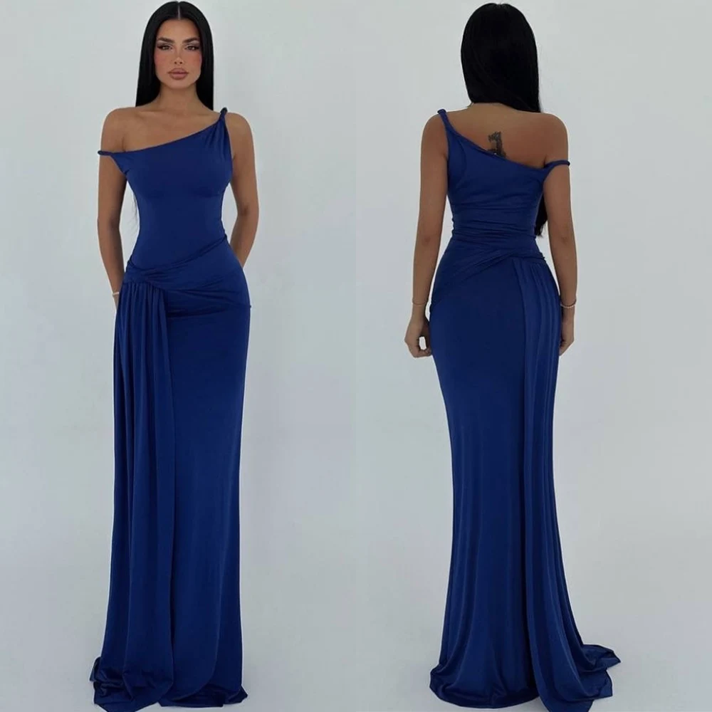 

Customized Fashion Jersey Spaghetti Straps Evening Dress Simple O-Neck Sleeveless Celebrity Gowns Sexy Special Occasion Gowns