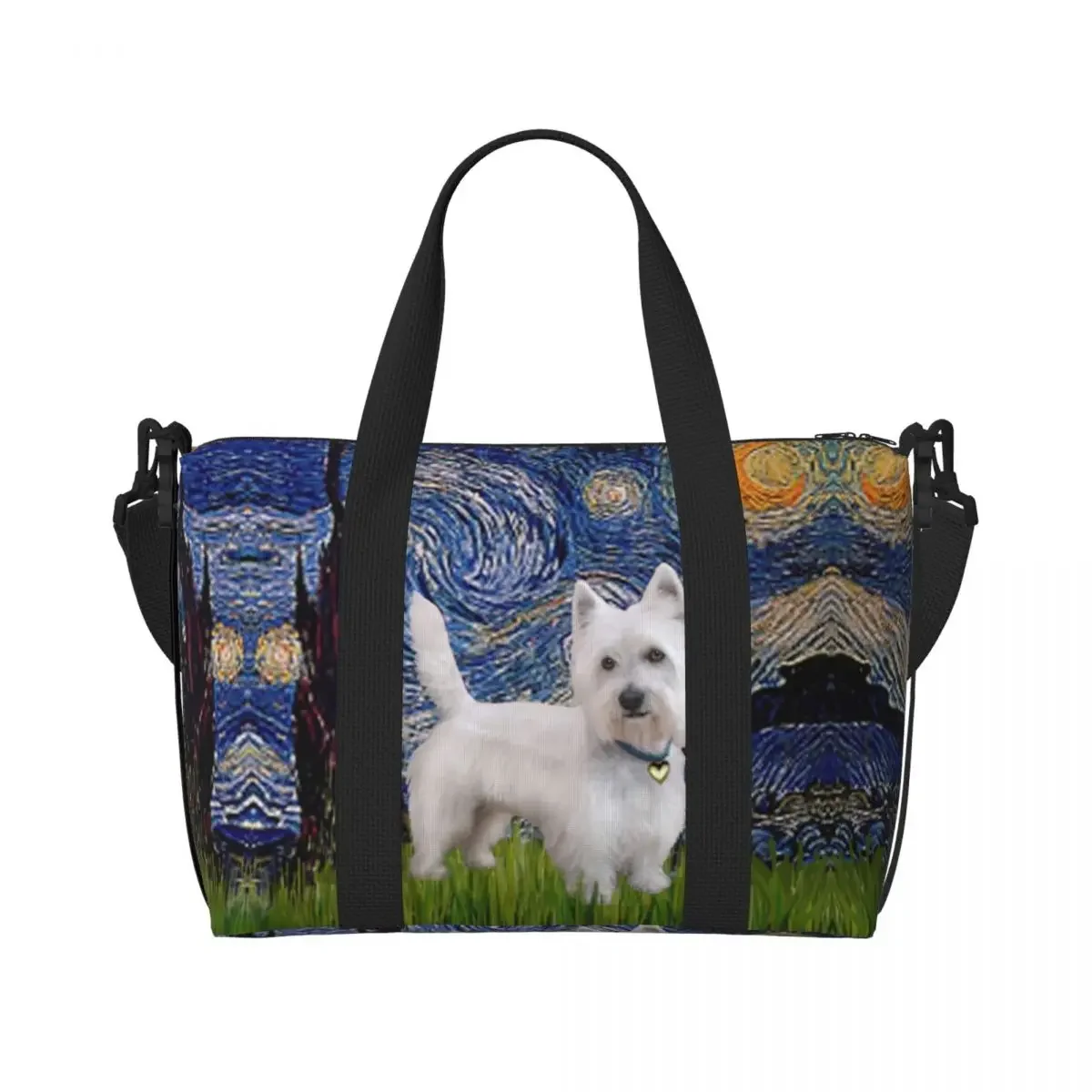 مخصص ليلة مرصعة بالنجوم ويست هايلاند جحر حمل حقيبة المرأة سعة كبيرة Westie الكلب فان جوخ الفن رياضة الشاطئ الكتف حقيبة سفر