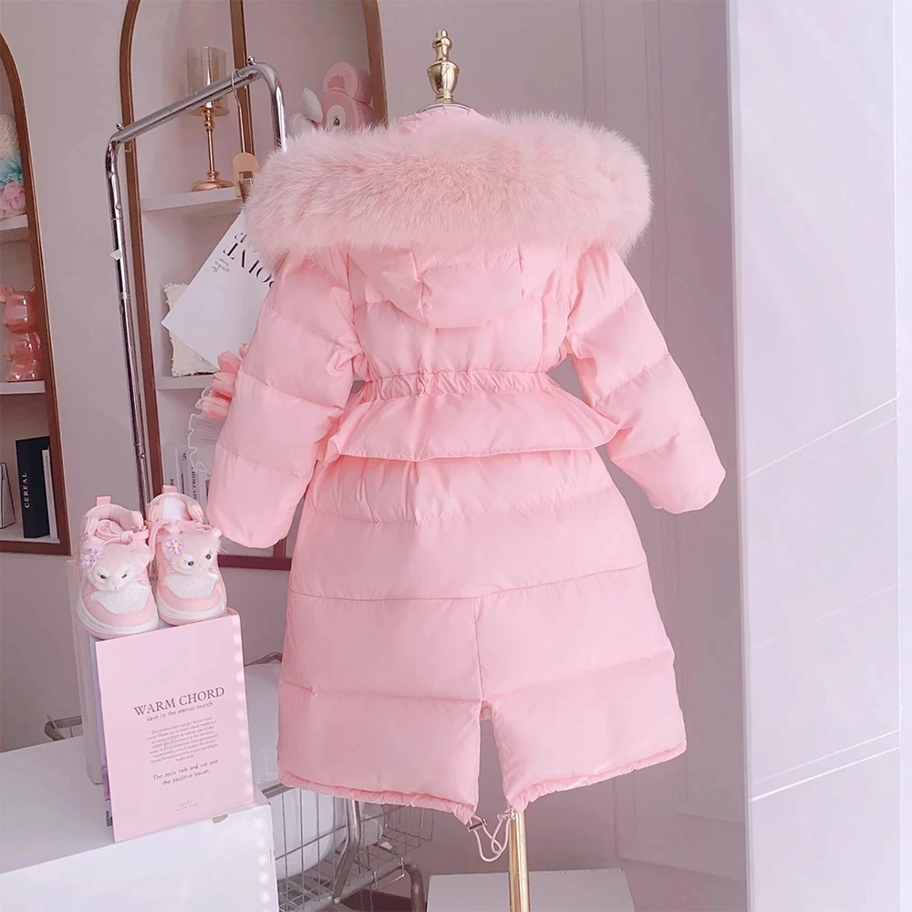 Cartoon Winter New Anime Sanrios Hello Kitty Girls Down Clothes Long Fur Hooded Cotton Padded Jacket Kids Warm Slimwaist Coat