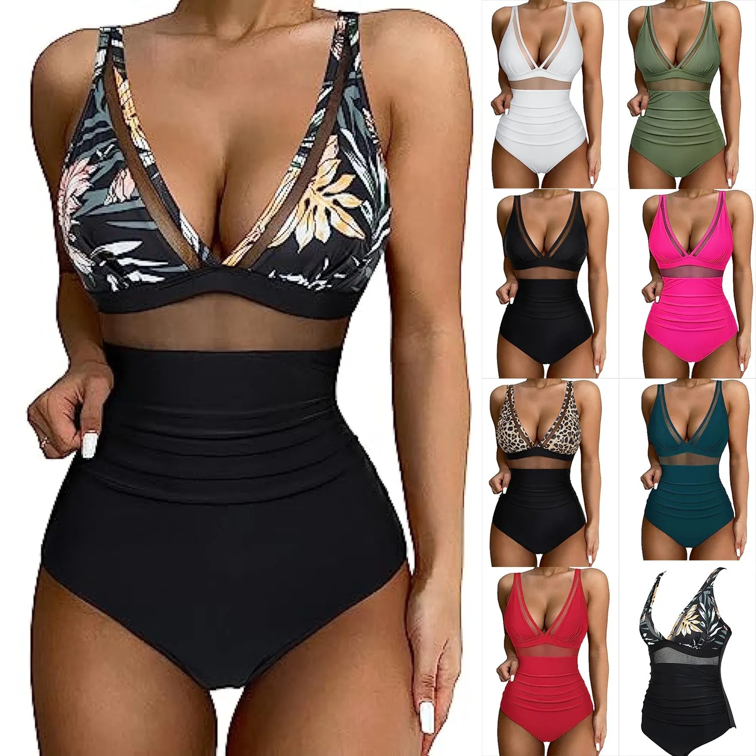 Woman Swimsuit Tummy Control Ruched High V Neck Black Mesh Panel Floral Print Bathing Suit Solid Color Sleeveless