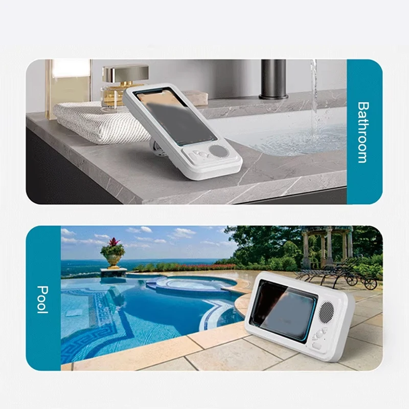 Shower Phone Holder with Bluetooth Speaker IPX4 Waterproof Anti-Fog Touch Screen Wall Mount for Shower Bathroom Black-A14G