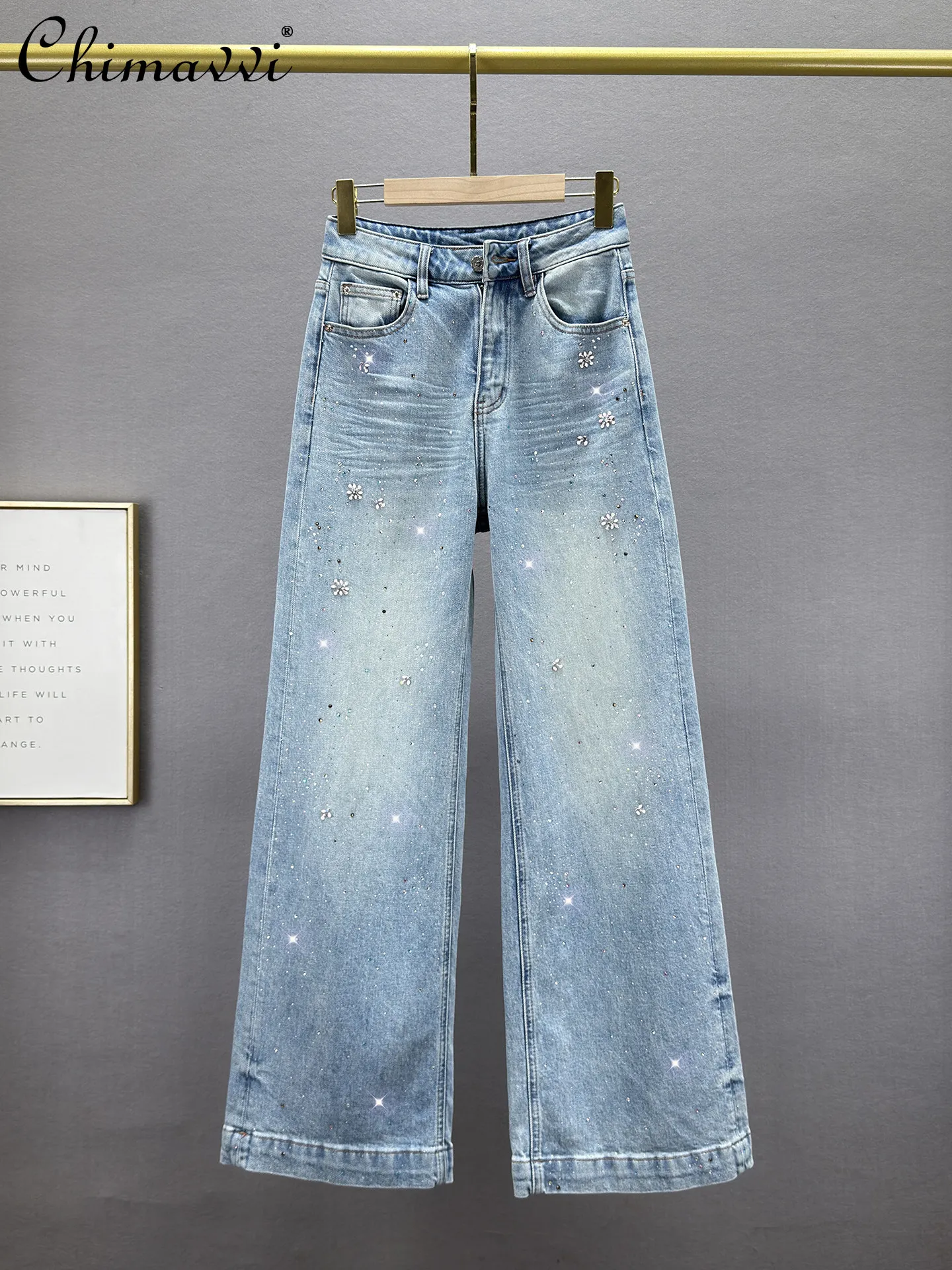 

Fashion Denim Pants for Women 2026 Spring New High-waisted Loose Slim European Style Distressed Rhinestones Wide-leg Pants