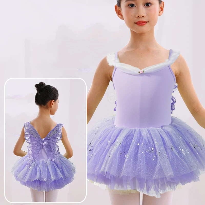 

Girls Ballet Leotard Sleeveless Butterfly Tutu Skirt Dancewear Outfits Children Gymnastic Practice Performance Outfits