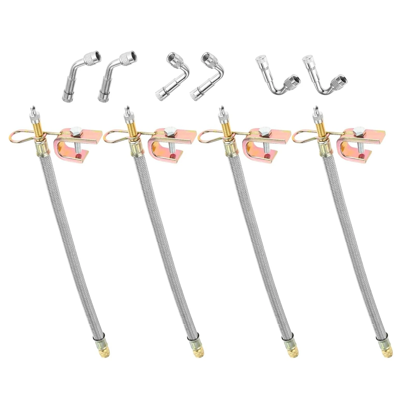 Car Truck Trailer RV 4Pcs Stainless Steel 12" Braided Tire Valve Stem Extender and 6Pcs 45 90 135 Degree Brass Extension Adapter