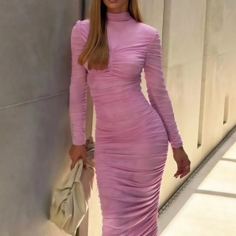 

Women's Fall 2025 New Solid Color Temperament High Neck Slim Pleated Hip Long Sleeve Dress