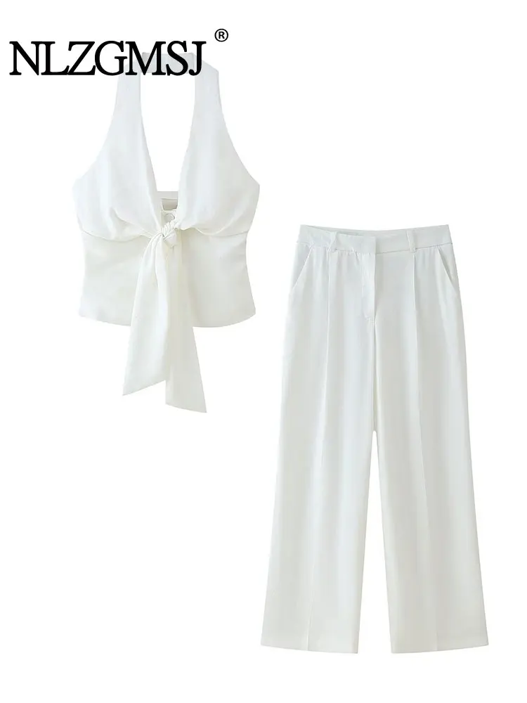 

Casual Solid Women Suit Knot Hanging Neck Short Slim Vest Straight Loose Zipper Pants Fashion 2025Summer Sets