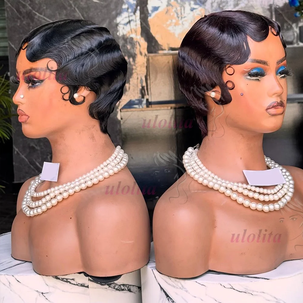 Kurze Fingerwellen-Perücke aus brasilianischem Echthaar für Frauen, kurze Wasserwellen-Perücke, tiefe Wellen-Perücke, Pixie-Cut-Perücken für den täglichen und Partygebrauch. – Detail 1