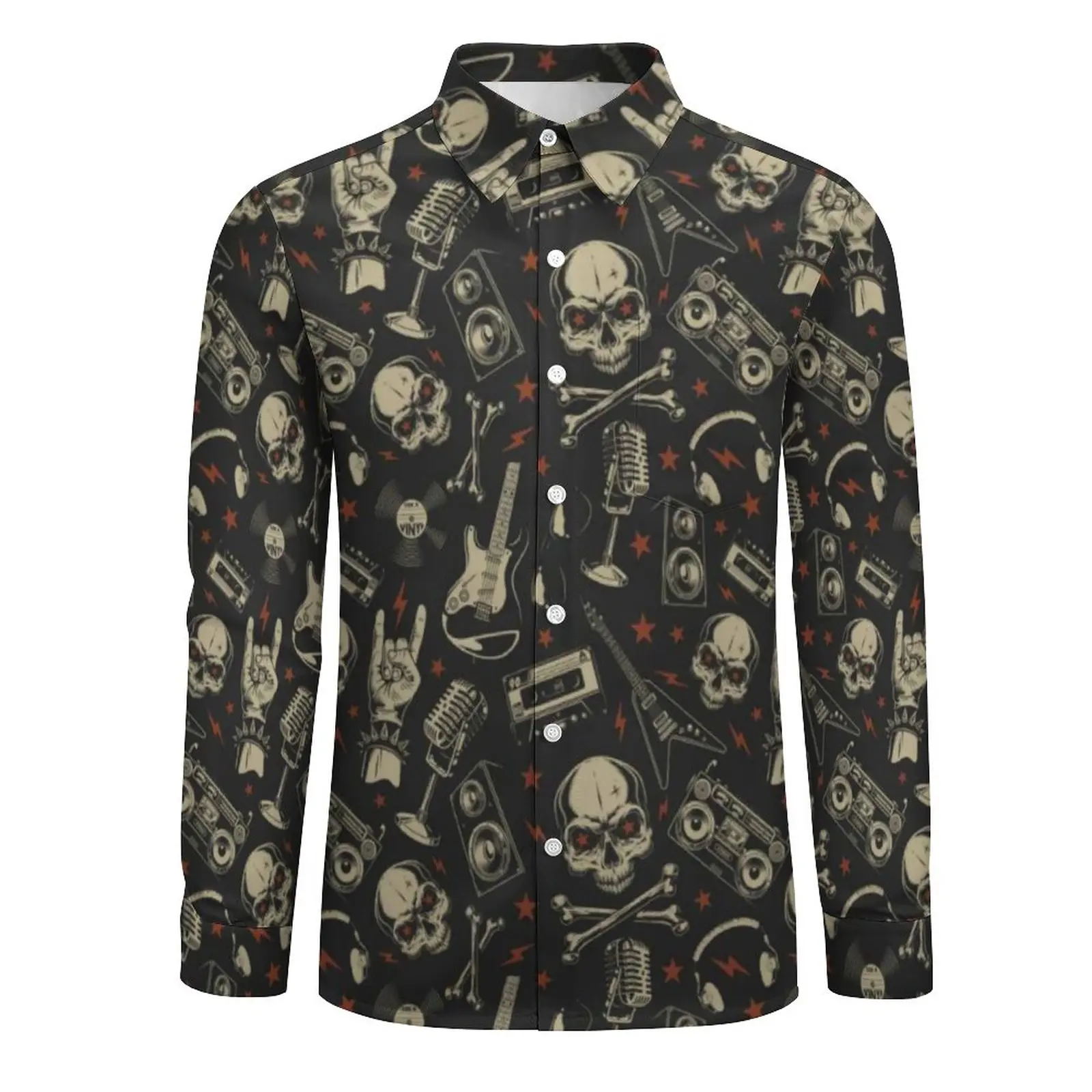 Metal Music Skull Shirt Men Rock Grunge Punk Casual Shirts Autumn Custom Blouses Long Sleeve Cool Oversize Tops Birthday Gift