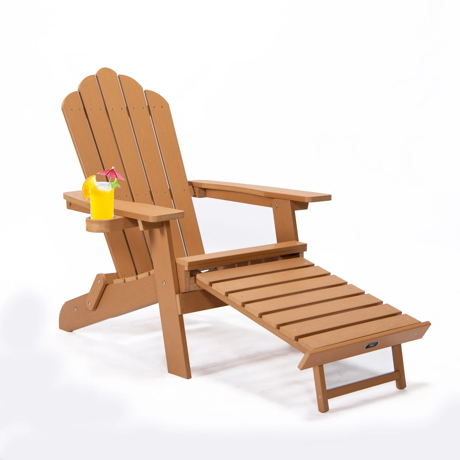 Folding Adirondack Chair with Pullout Ottoman&Cup Holder Oaversized Poly Lumber for Patio Deck Garden Backyard Furniture Brown