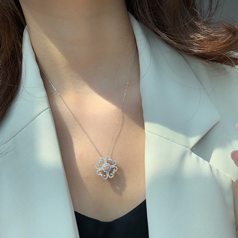 KUGG 100% 18K White Gold Necklace Women Real Natural Pink Diamond Pendant Necklace Elegant Palace Style High Wedding Jewelry