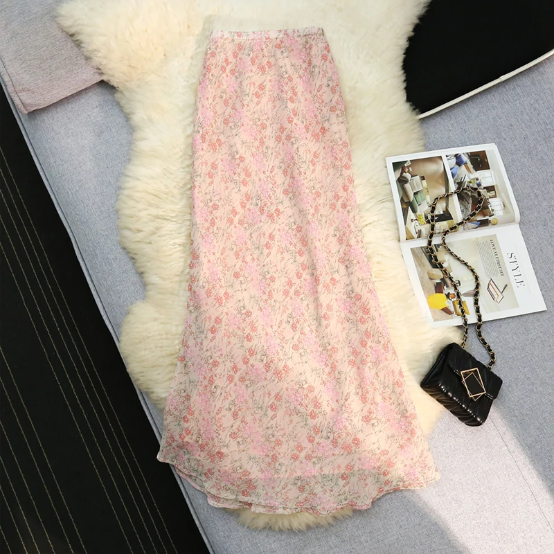 Pink Color Women's Skirts 2026 Summer Print Floral Lady Holiday Beach Skirts High Waist Mid-Length Female Skirt Clothes KN8046