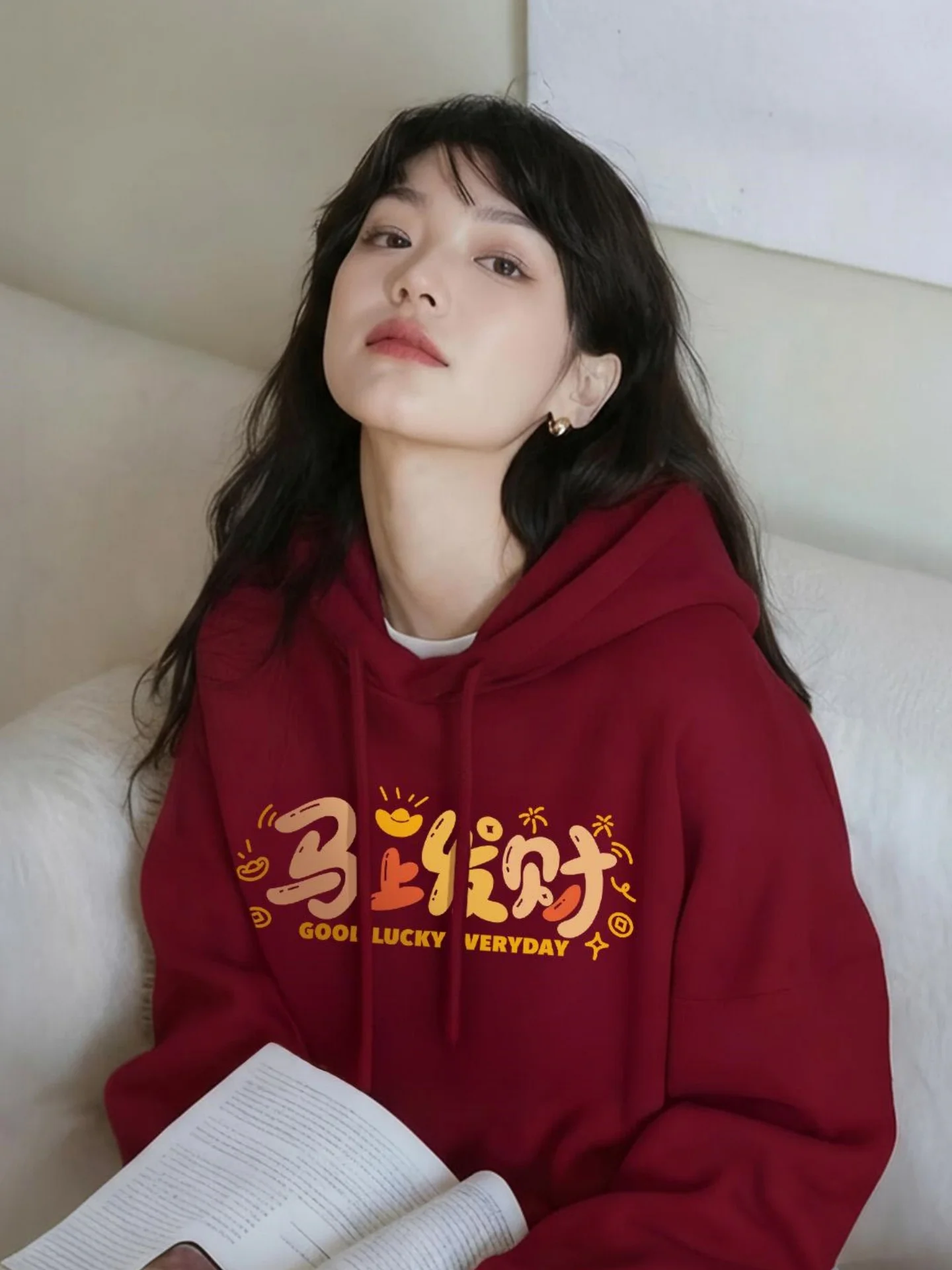 

Hooded Sweatirt Women's Wine Red Year of the 2026 New Winter Loose Fce Lined Thiened Outerwear Trendy Top