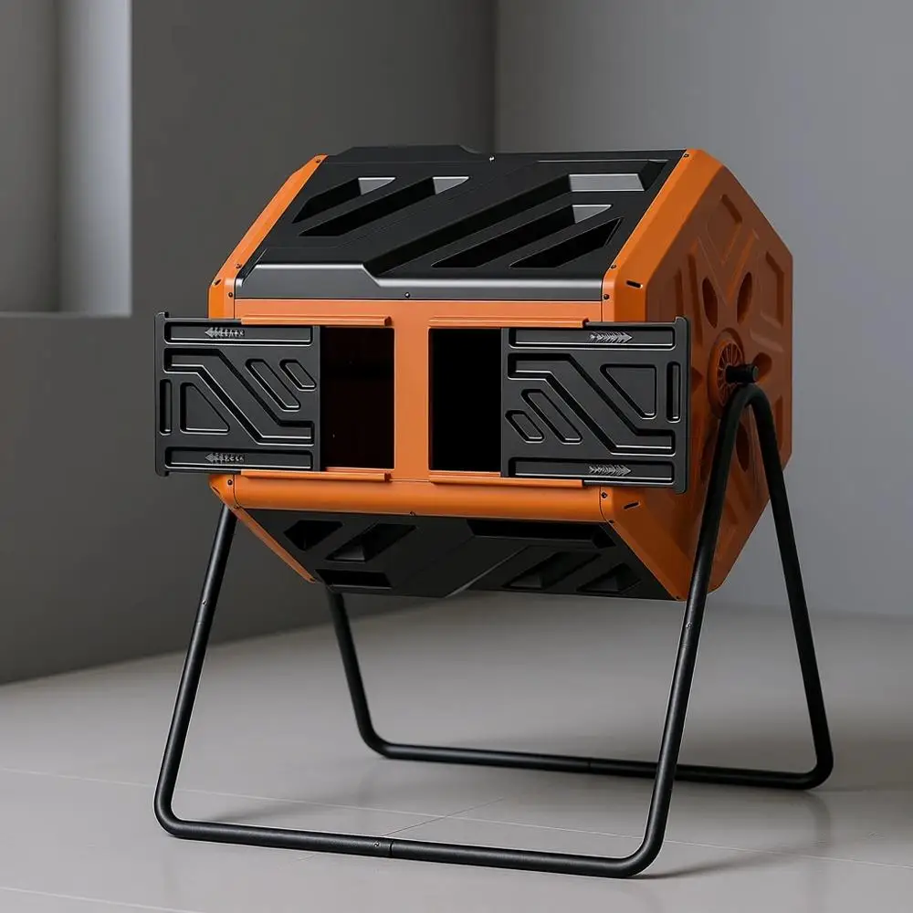 

43 Gallon Dual Chamber Rotating Compost Bin with Built-in Nuts for Outdoor Gardening, Orange