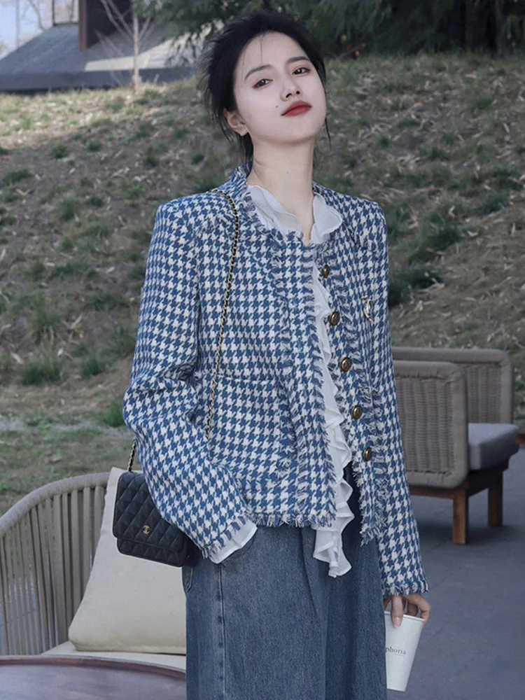 

Socialite fringe coat female Spring and Autumn 2024 new senior sense thousand bird check top