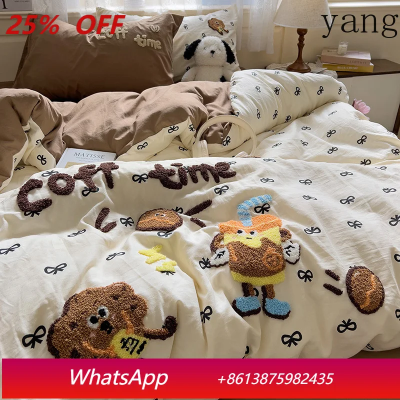 

Постельное белье с вышивкой в виде мультяшных животных и наволочкой из стираного хлопка, цветное, полноразмерное.