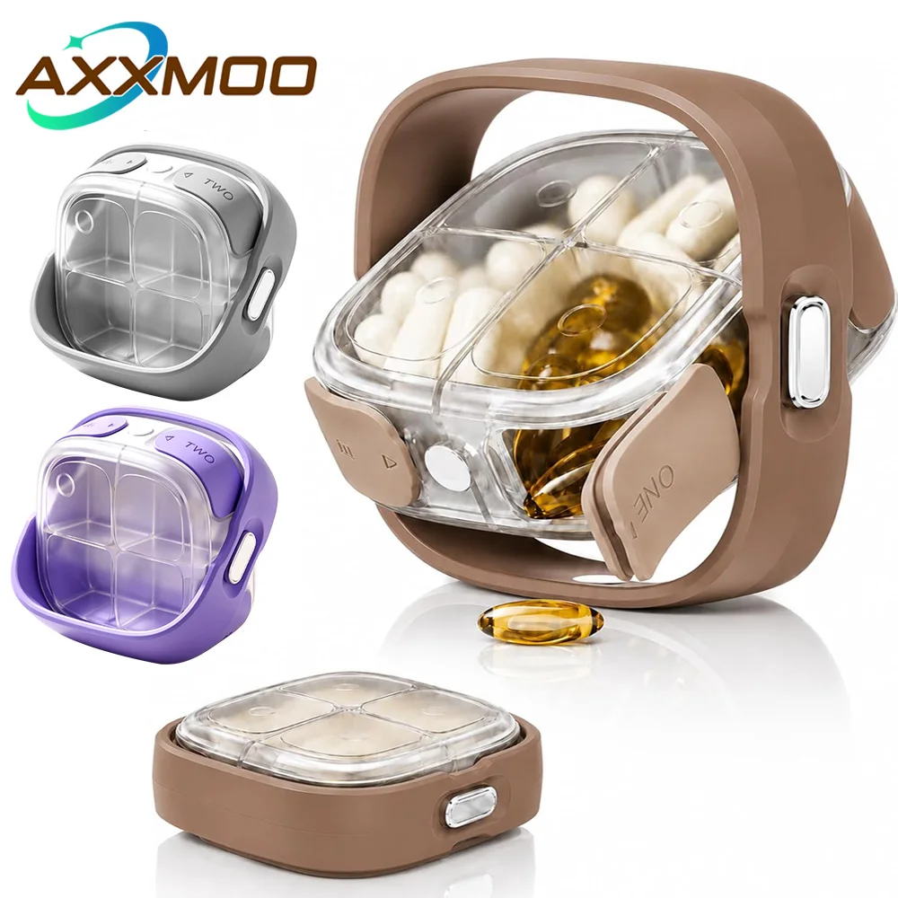 1PCS  One-Touch Auto Pop Pill Box, 4 Grid Waterproof Portable Pill Container for Daily Medication Storage