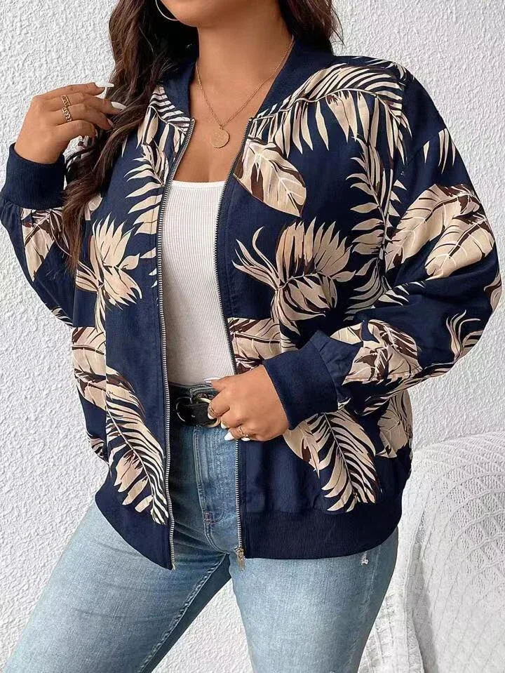 plus size Women\'s Fashion Temperament Printed Zip Jacket, Large Size Baseball Collar Zip Jacket women clothing