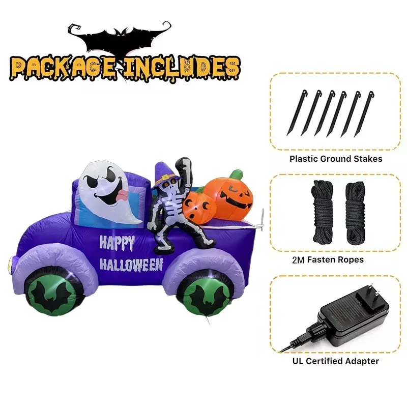 8ft brinquedos infláveis halloween decorações ao ar livre fantasma condução caminhão carro esqueleto abóbora leds embutidos para quintal decoração brilhante