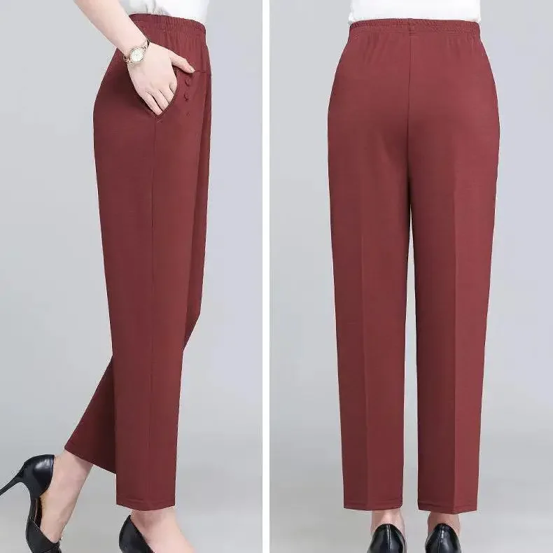 Middle Aged and Old Women Spring Summer Pant Thin Elastic Waist Loose Cotton Mother Long Casual Trousers Plus Size M-3XL