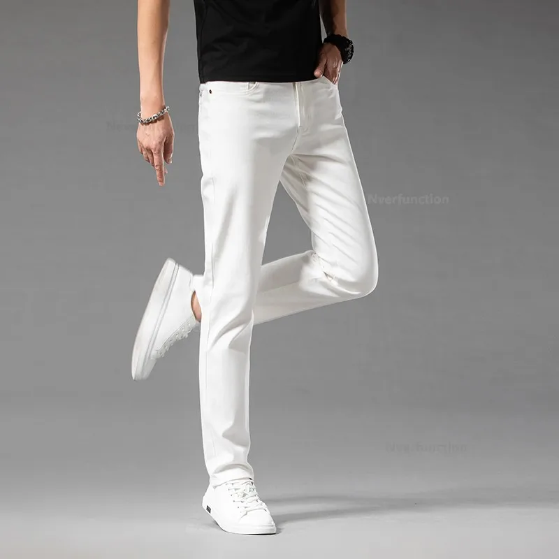 Luxury Men\'s White Slim Jeans Spring Summer New 98% Cotto Stretch Fashion Casual Male Clothes Straight Denim Trousers