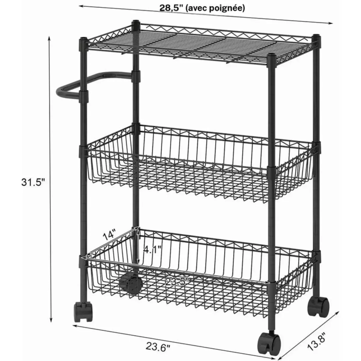 Kitchen Cart with 3 Wheels, Large Capacity, Adjustable Metal Rack, 31.5 Inches Tall.