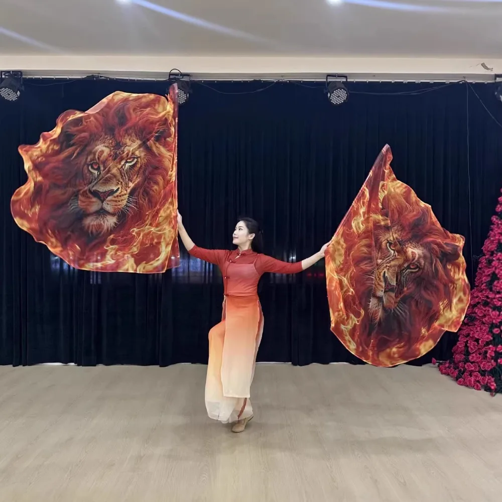 1Pair Praise Dance Worship  Lion Flags Flame Flag Semicircle Chiffon Church Banners Stage Performance Props WithTelescopic Rods