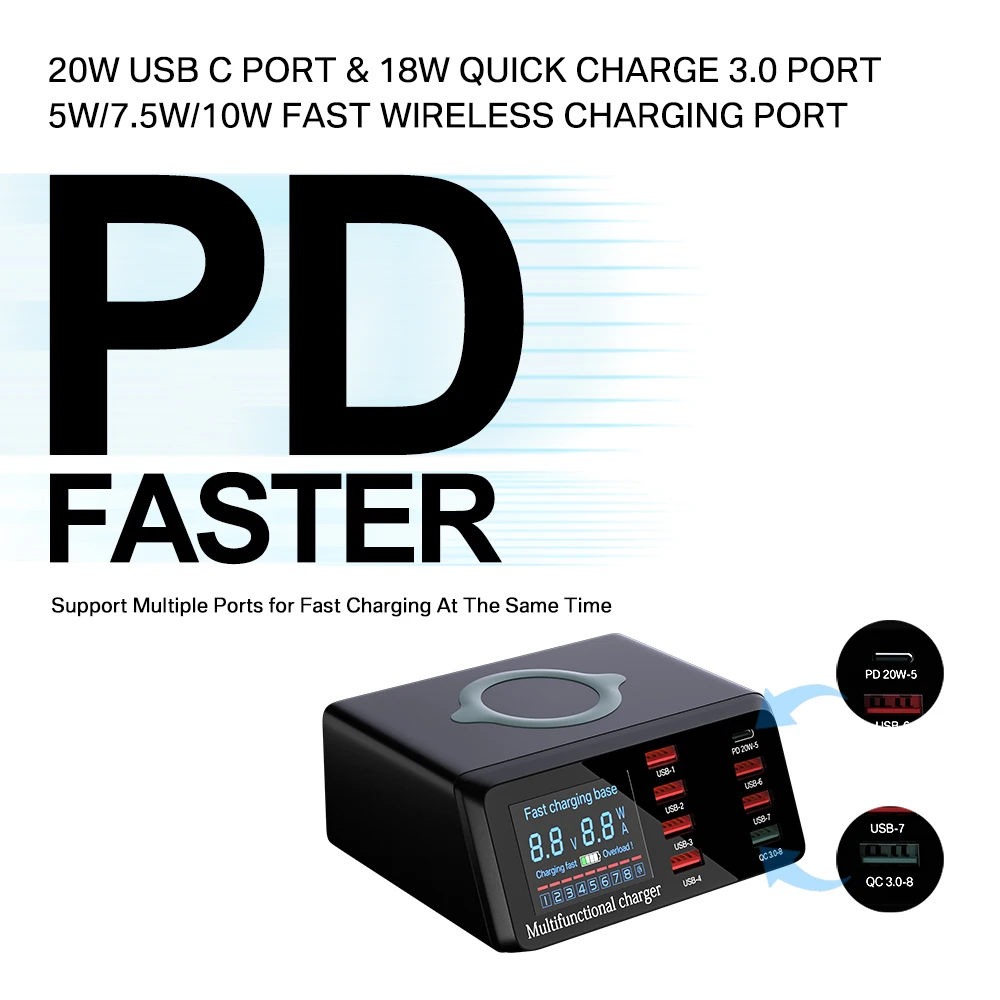 Беспроводное зарядное устройство QI, 10 Вт, мульти-USB адаптер для быстрой зарядки, 8 USB-портов, концентратор для быстрой зарядки 3,0 PD, зарядная ст...