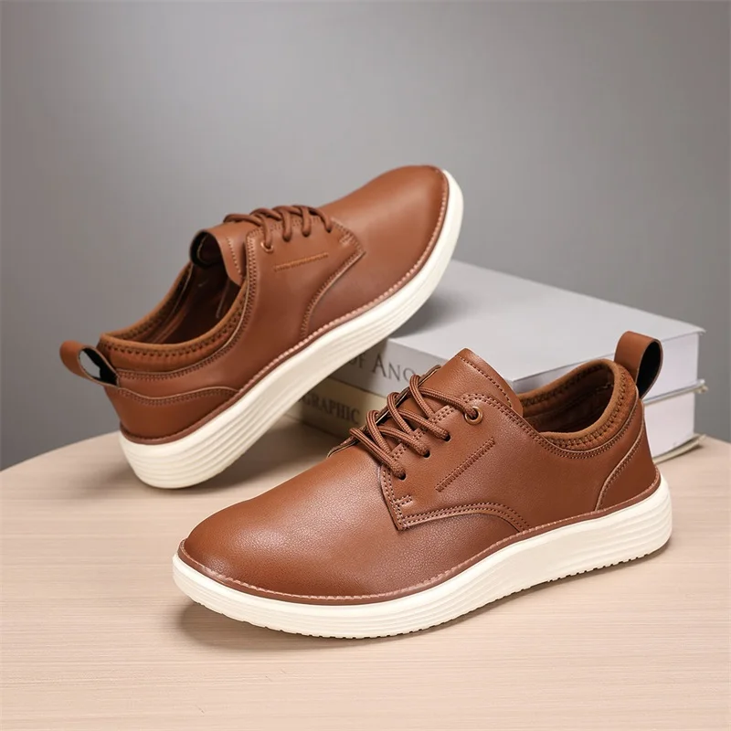 

Men Brown Leather Casual Oxford Shoes Lace Up Comfortable Lightweight White Sole Breathable Daily Office Walking Footwear 39-47