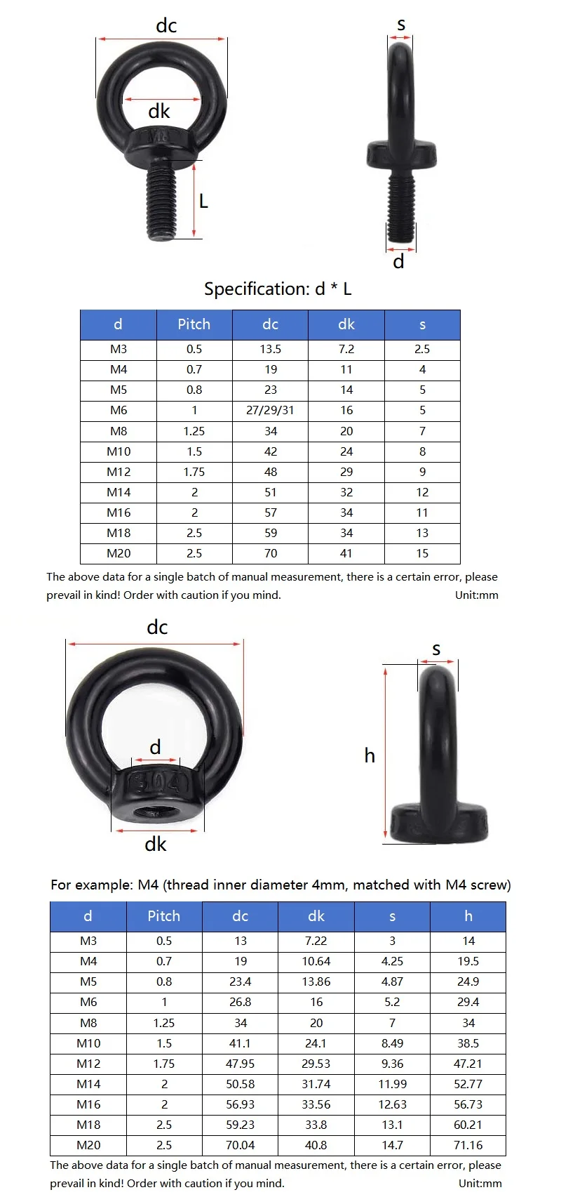 M3 M4 M5 M6 M8 M10 M12 M14 M16 M18 M20 Black 304 Stainless Steel Lifting Eye Nuts/ Screw Ring Eyebolt Ring Hooking Nut Screws