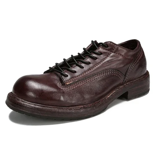 Horse Leather Men's Shoes Casual Thick Sole Retro Short Face Work Clothes Shoes Goodyear Handmade Leather Shoes for Men